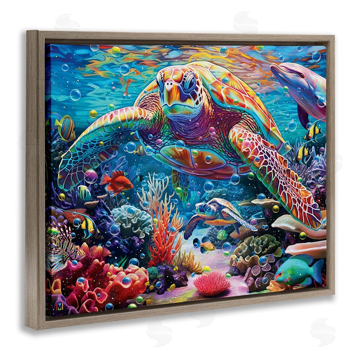 Michael David Ward Vivid Sea Turtle & Reef Brown Floating Frame Canvas Wall Art Print