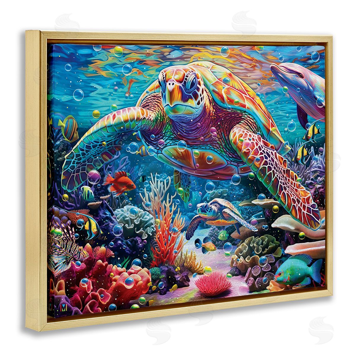 Michael David Ward Vivid Sea Turtle & Reef Gold Floating Frame Canvas Wall Art Print