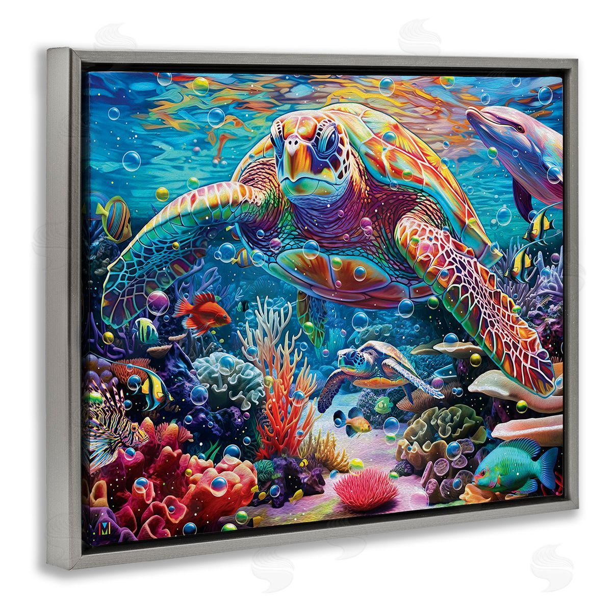 Michael David Ward Vivid Sea Turtle & Reef Gray Floating Frame Canvas Wall Art Print