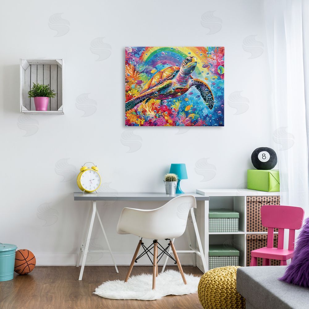 Michael David Ward Turtle with Underwater Rainbow Canvas Wall Art Print in Room