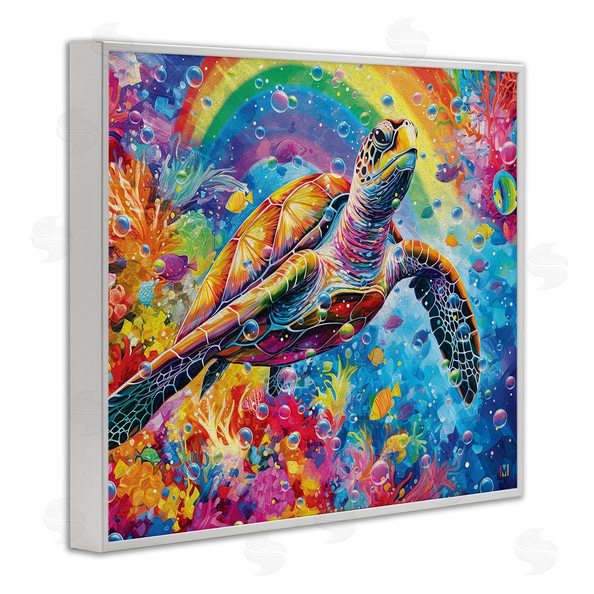 Michael David Ward Turtle with Underwater Rainbow White Framed Giclee Wall Art Print