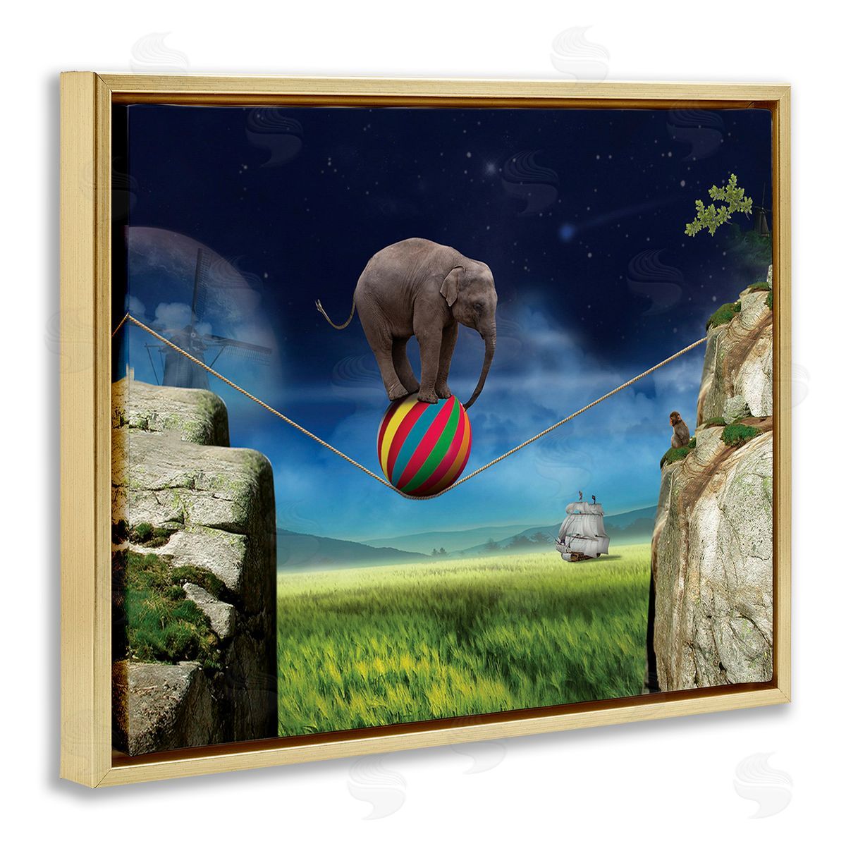 Nobleworks Elephant Balancing on Ball Gold Floating Frame Canvas Wall Art Print