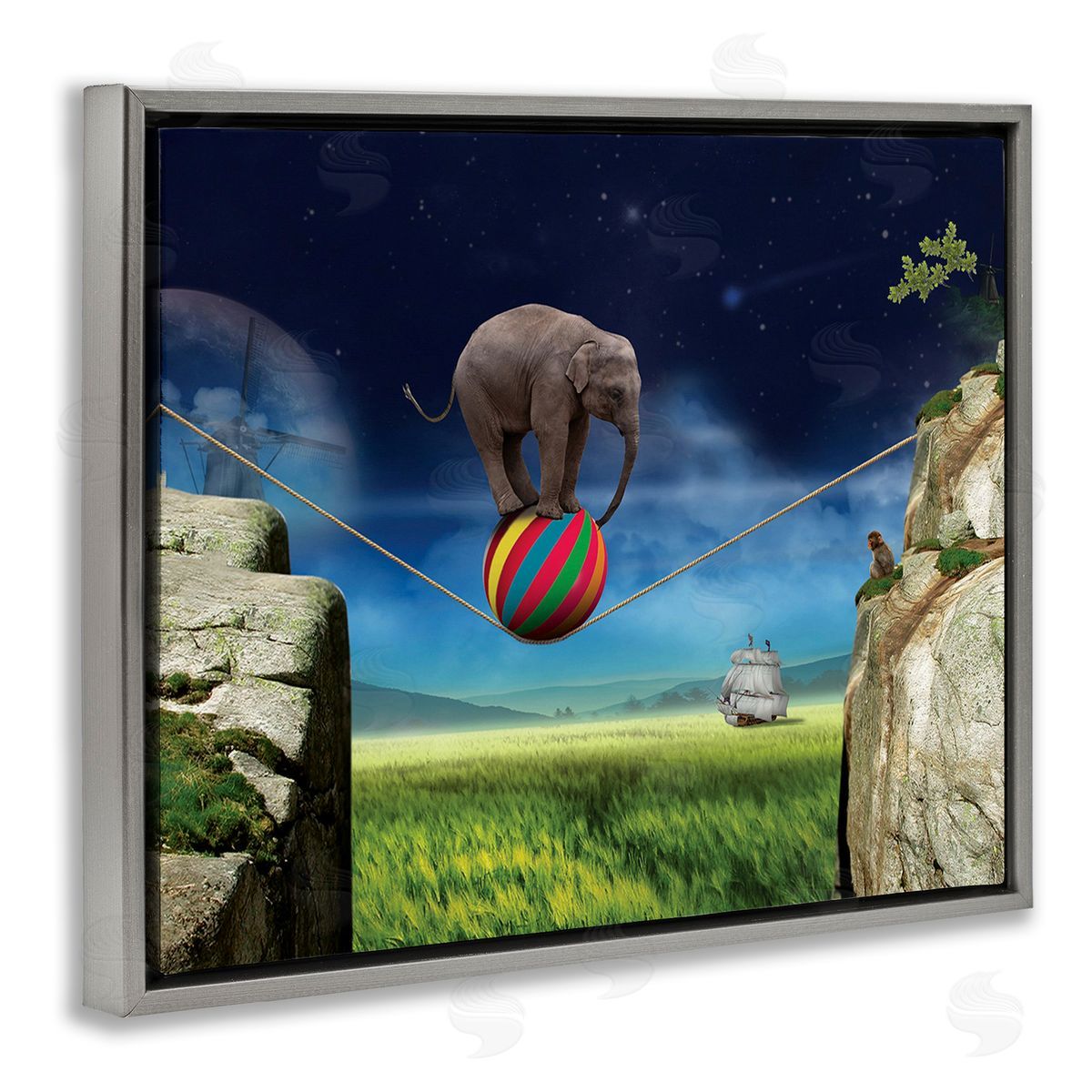 Nobleworks Elephant Balancing on Ball Gray Floating Frame Canvas Wall Art Print