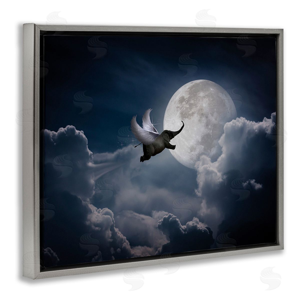 Nobleworks Flying Elephant & Moon Gray Floating Frame Canvas Wall Art Print