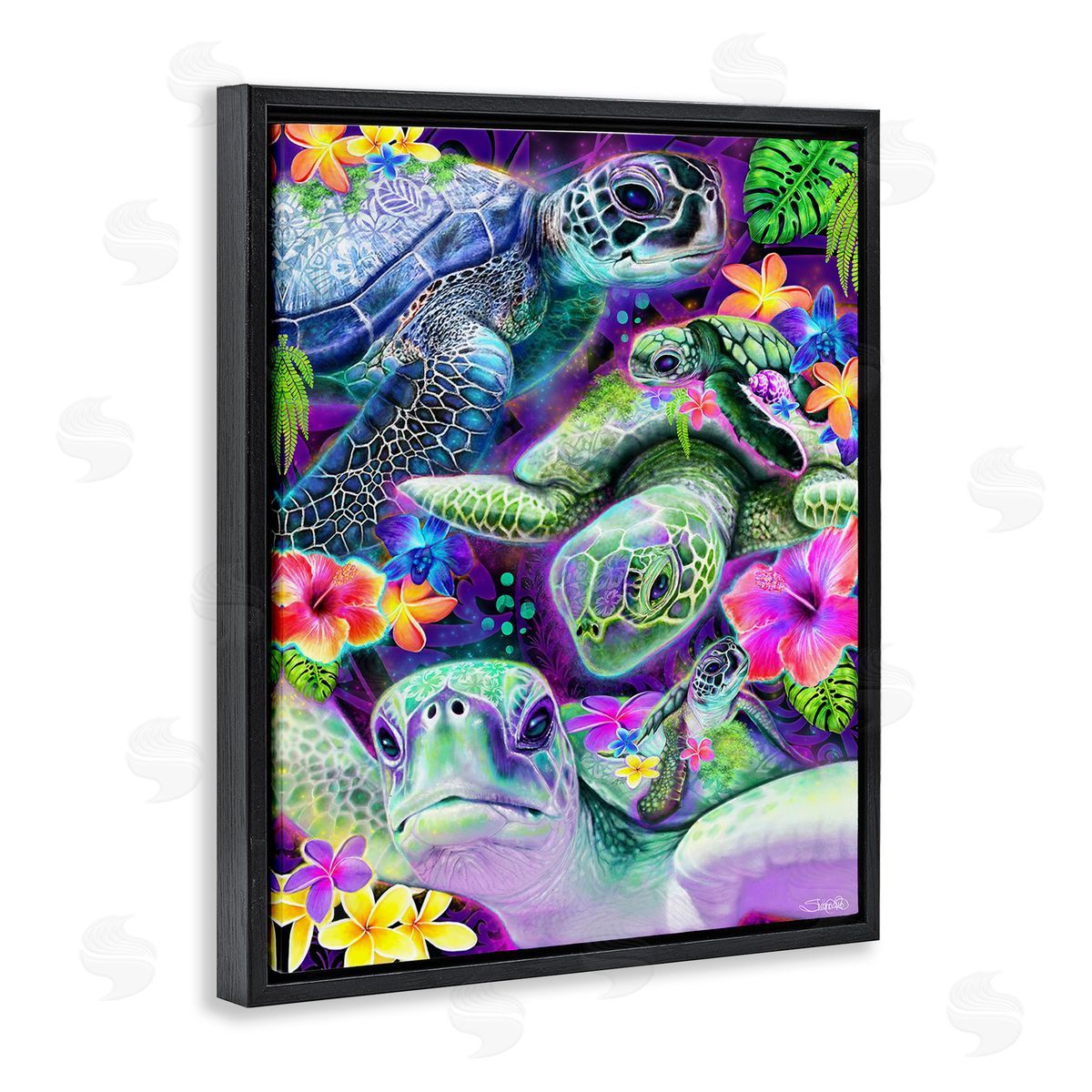 Sheena Pike Tropical Turtles & Hibiscus Black Floating Frame Canvas Wall Art Print