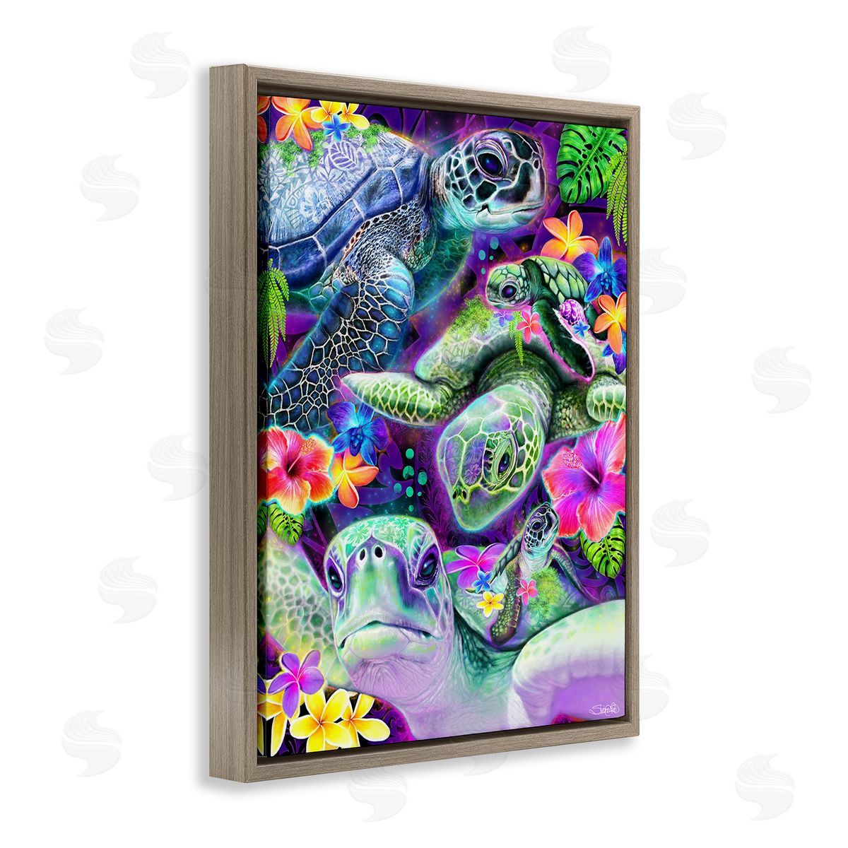 Sheena Pike Tropical Turtles & Hibiscus Brown Floating Frame Canvas Wall Art Print