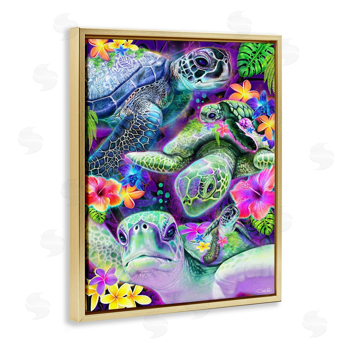 Sheena Pike Tropical Turtles & Hibiscus Gold Floating Frame Canvas Wall Art Print
