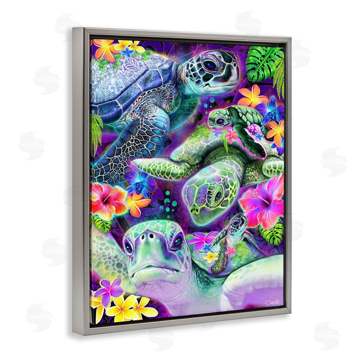 Sheena Pike Tropical Turtles & Hibiscus Gray Floating Frame Canvas Wall Art Print