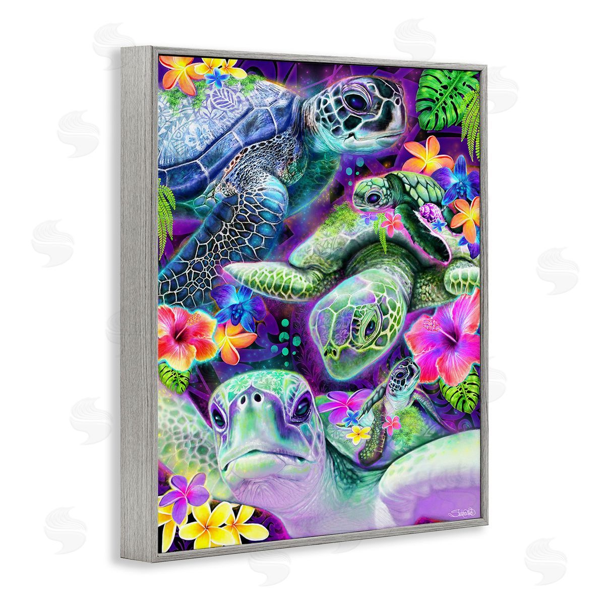 Sheena Pike Tropical Turtles & Hibiscus Gray Framed Giclee Wall Art Print