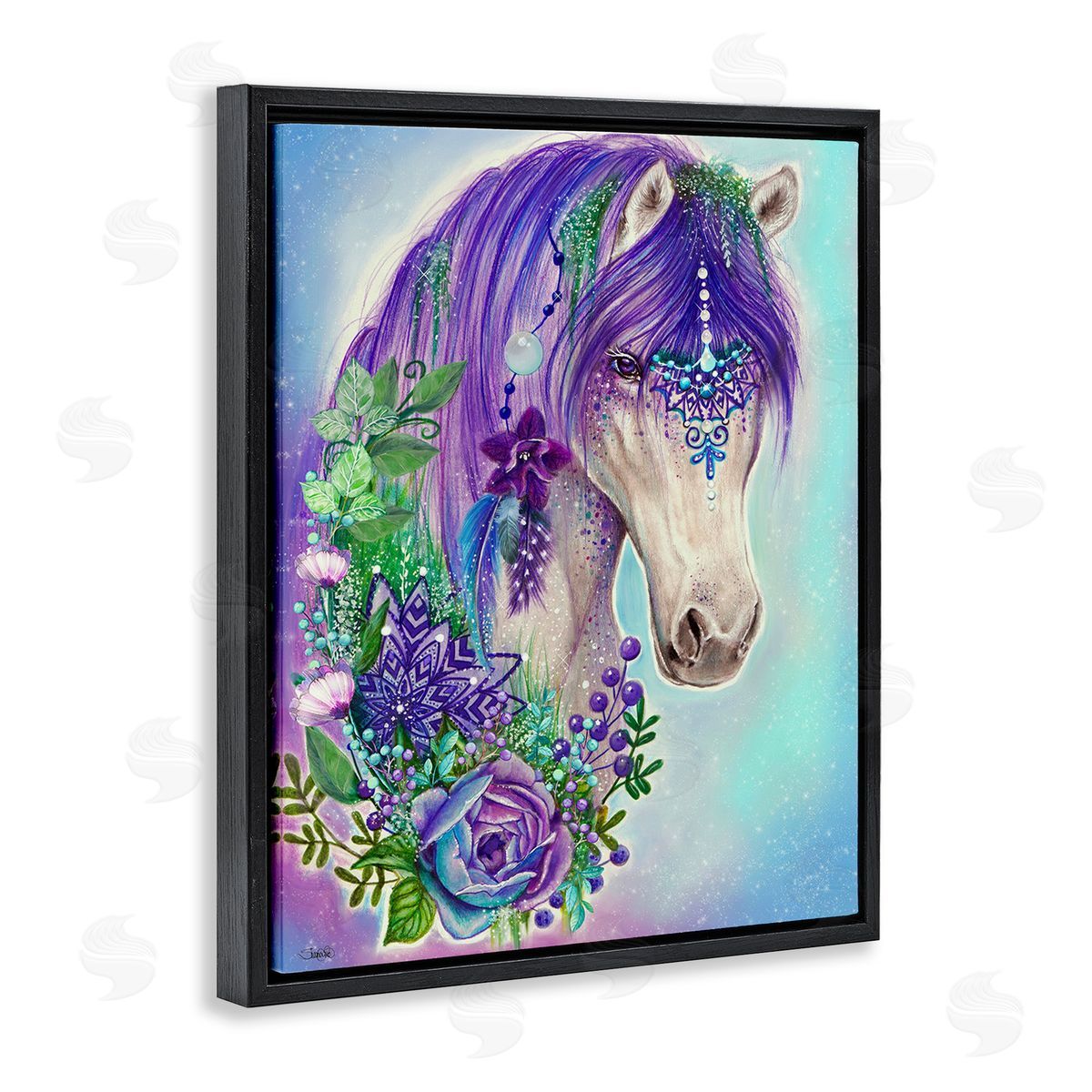 Sheena Pike Horse with Floral Garland Black Floating Frame Canvas Wall Art Print