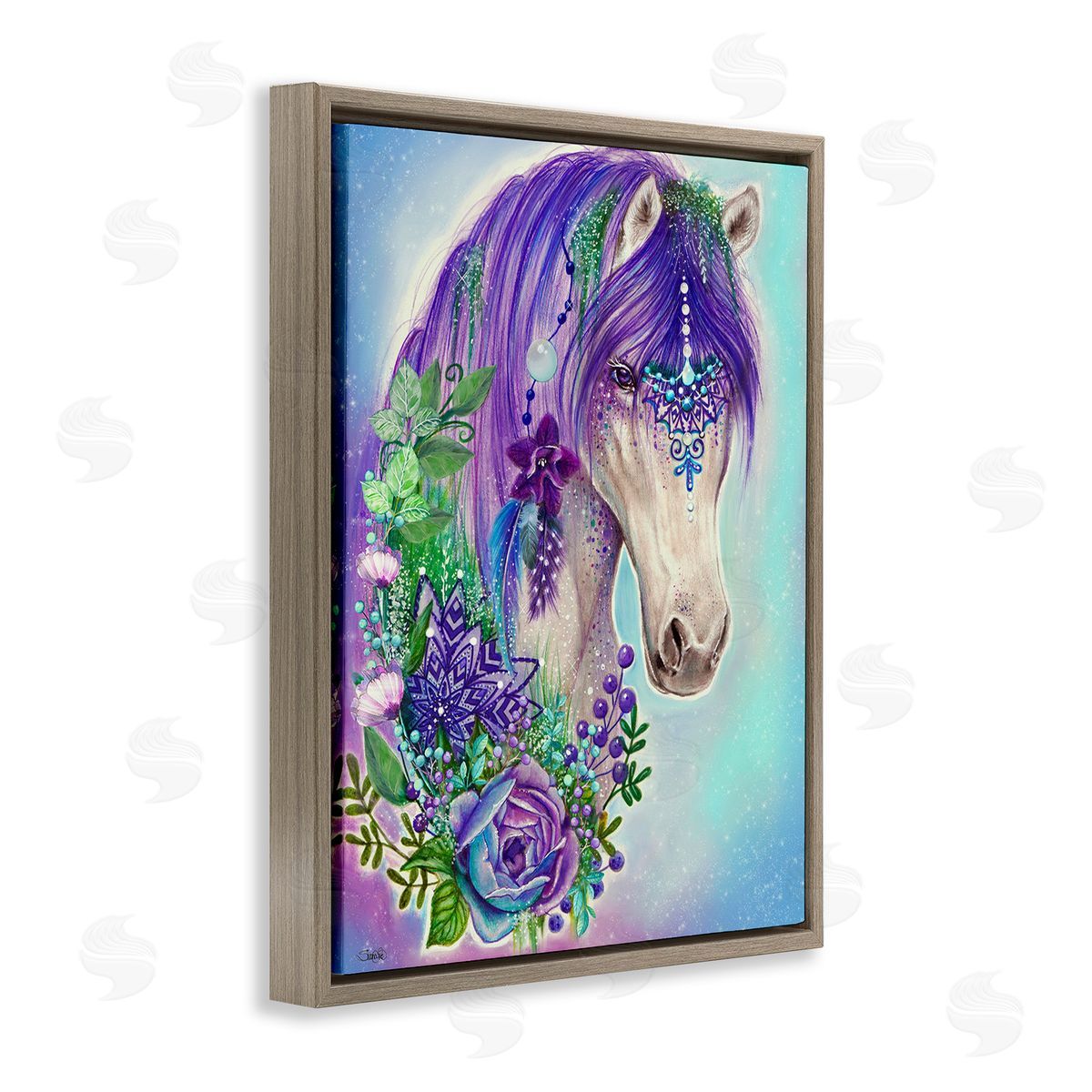 Sheena Pike Horse with Floral Garland Brown Floating Frame Canvas Wall Art Print