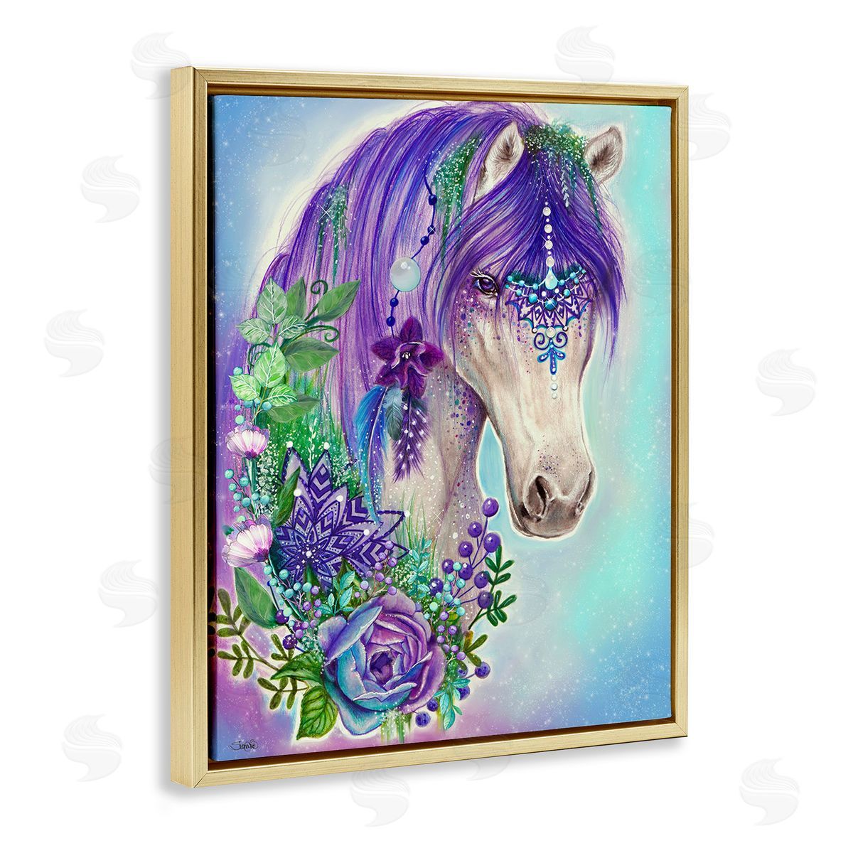 Sheena Pike Horse with Floral Garland Gold Floating Frame Canvas Wall Art Print