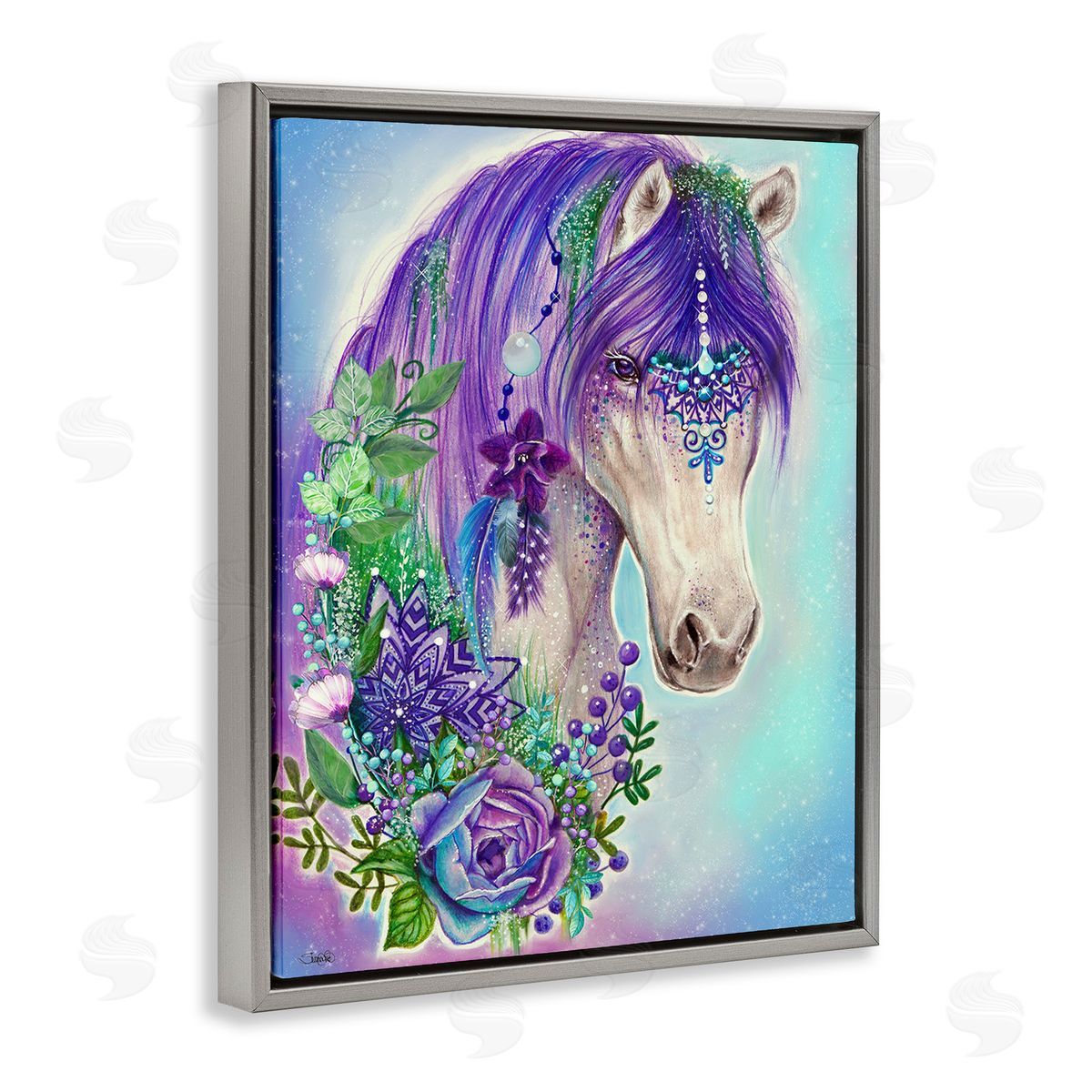 Sheena Pike Horse with Floral Garland Gray Floating Frame Canvas Wall Art Print