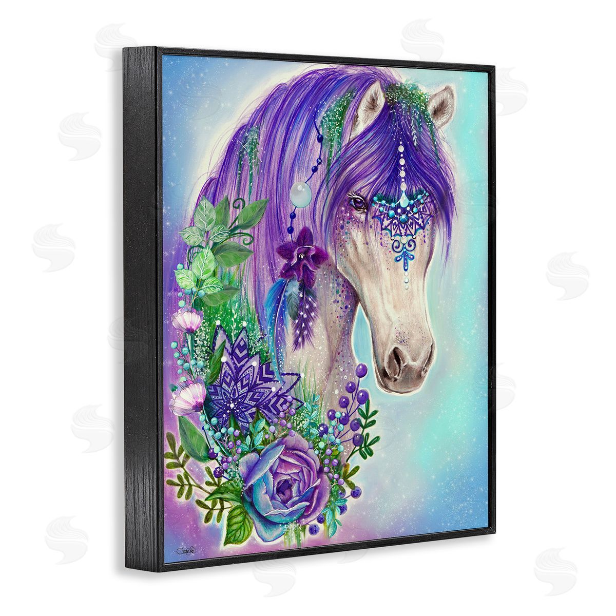 Sheena Pike Horse with Floral Garland Black Framed Giclee Wall Art Print