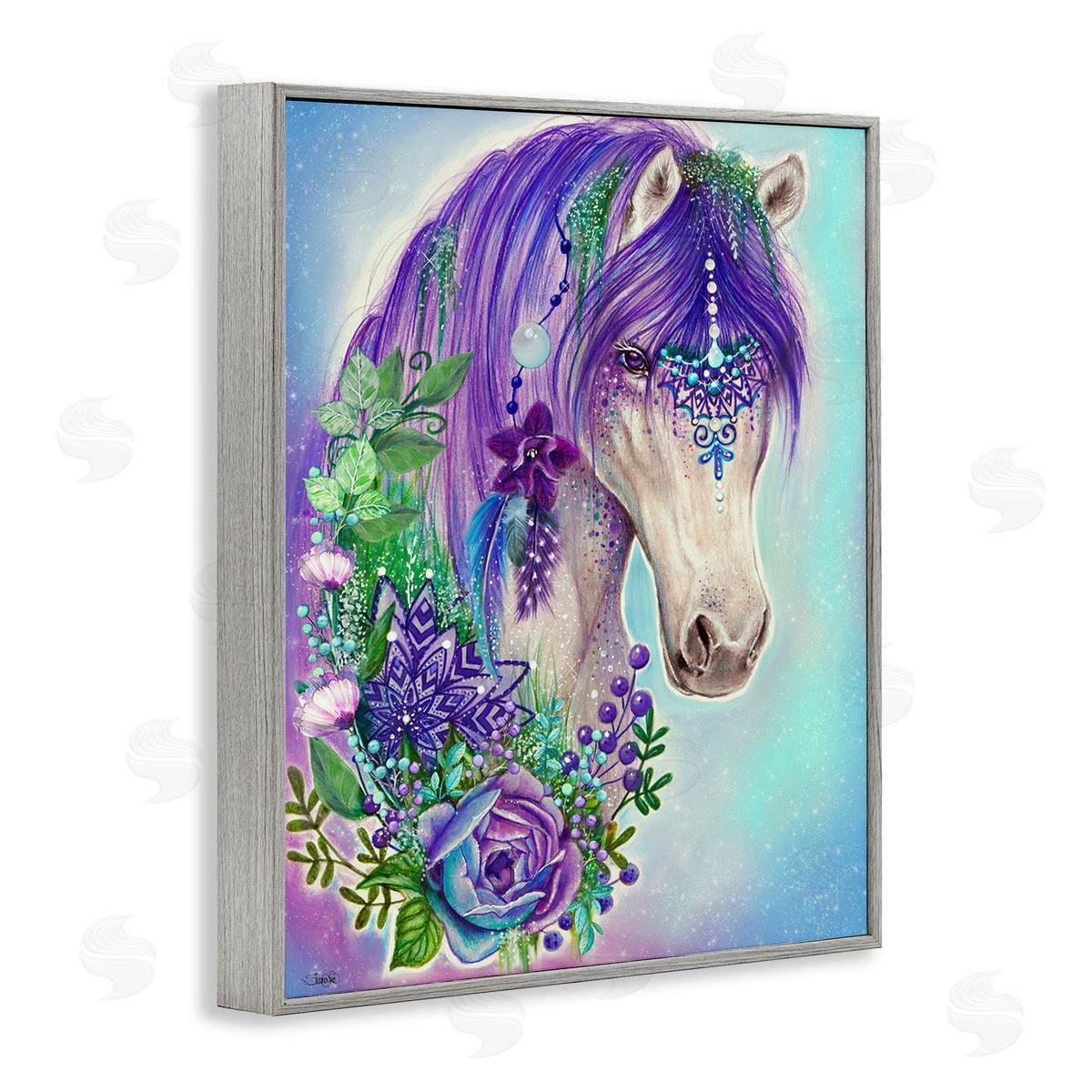 Sheena Pike Horse with Floral Garland Gray Framed Giclee Wall Art Print