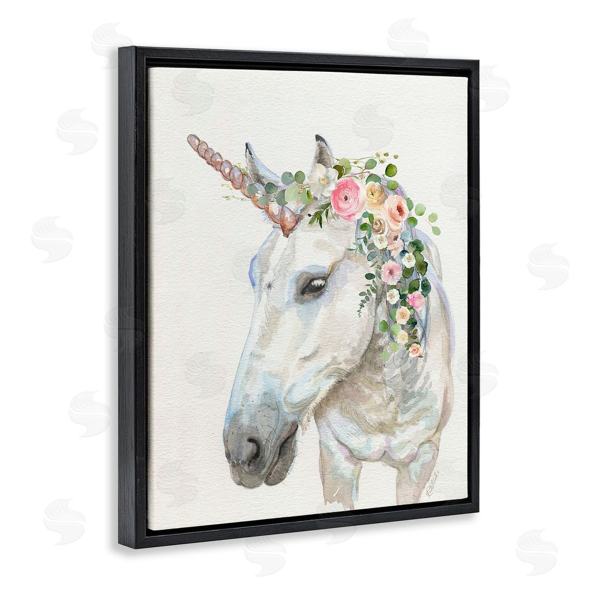 Jennifer Redstreake Unicorn & Flower Garland Black Floating Frame Canvas Wall Art Print