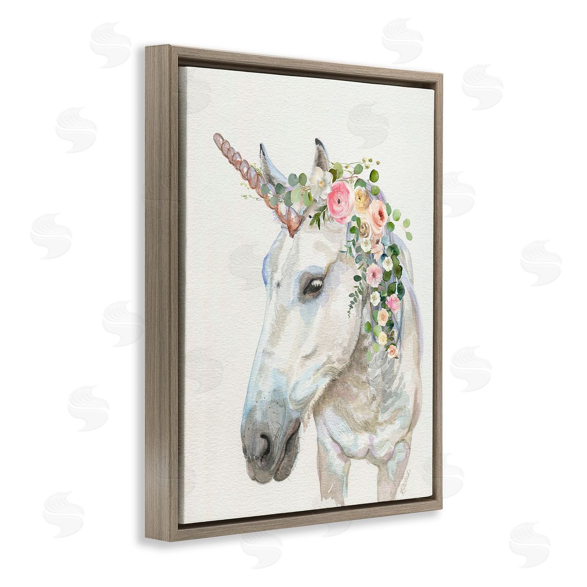 Jennifer Redstreake Unicorn & Flower Garland Brown Floating Frame Canvas Wall Art Print