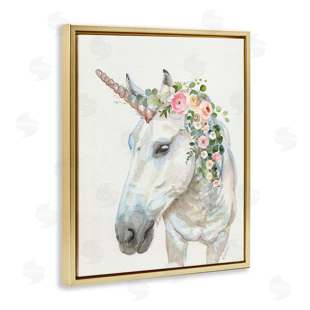 Jennifer Redstreake Unicorn & Flower Garland Gold Floating Frame Canvas Wall Art Print