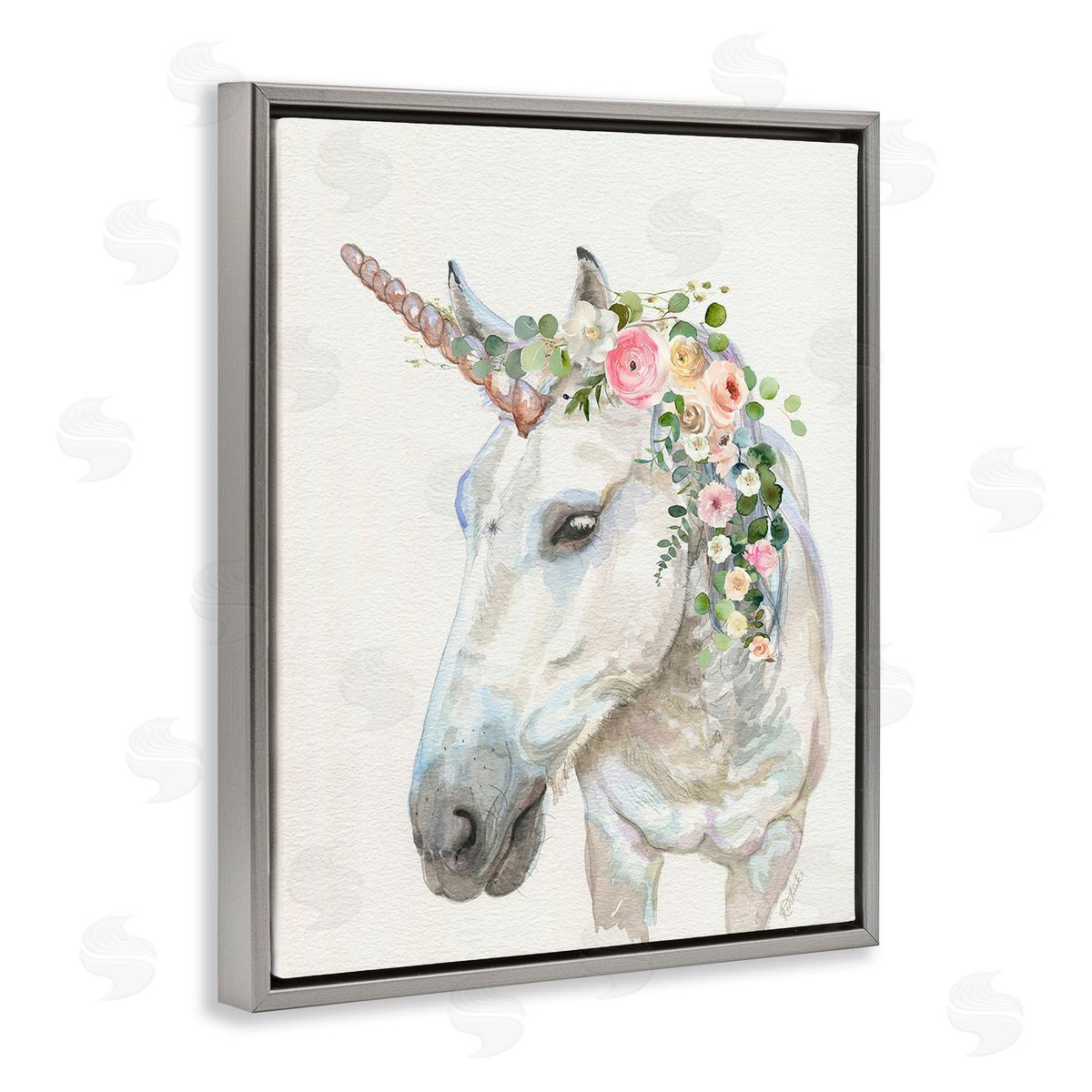 Jennifer Redstreake Unicorn & Flower Garland Gray Floating Frame Canvas Wall Art Print