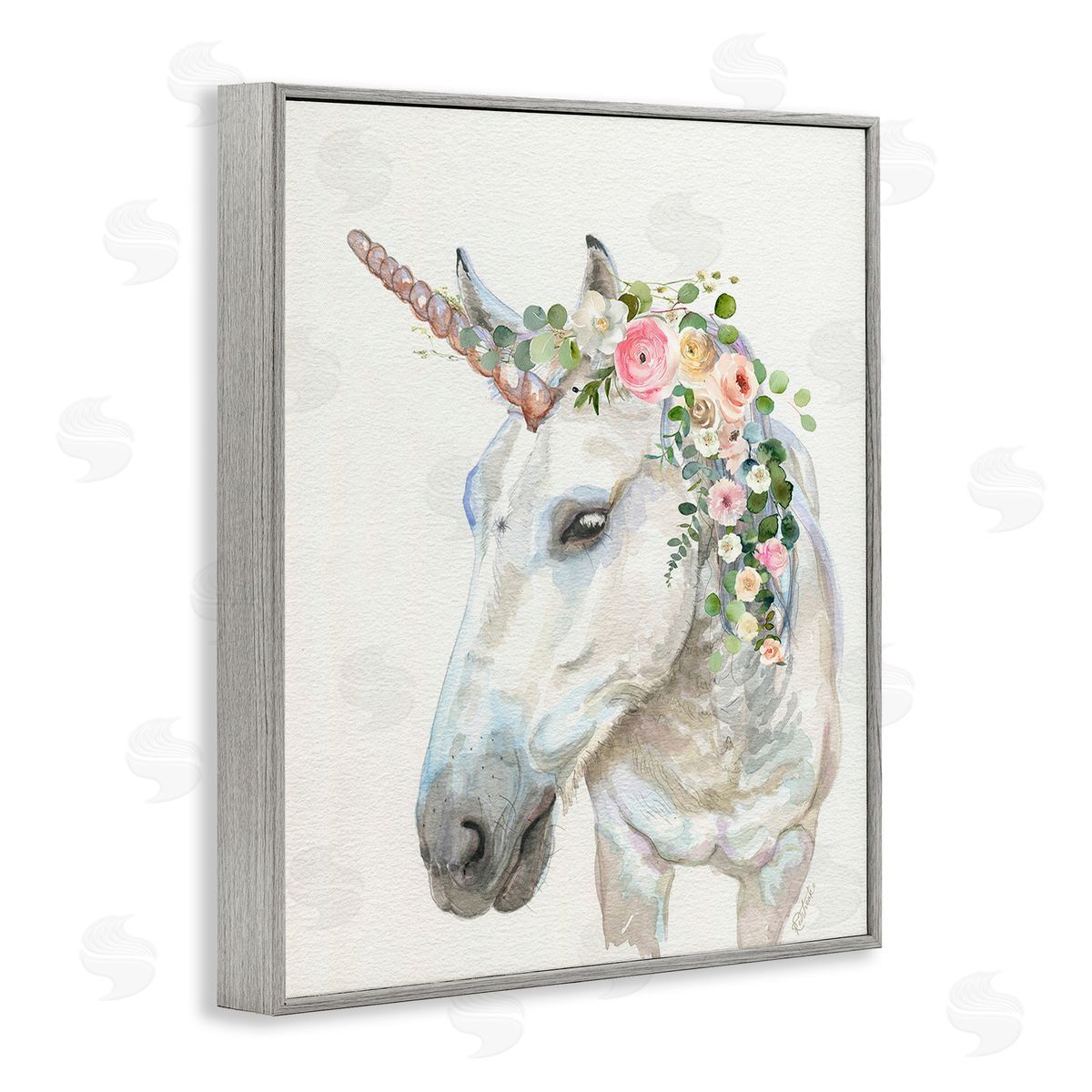 Jennifer Redstreake Unicorn & Flower Garland Gray Framed Giclee Wall Art Print