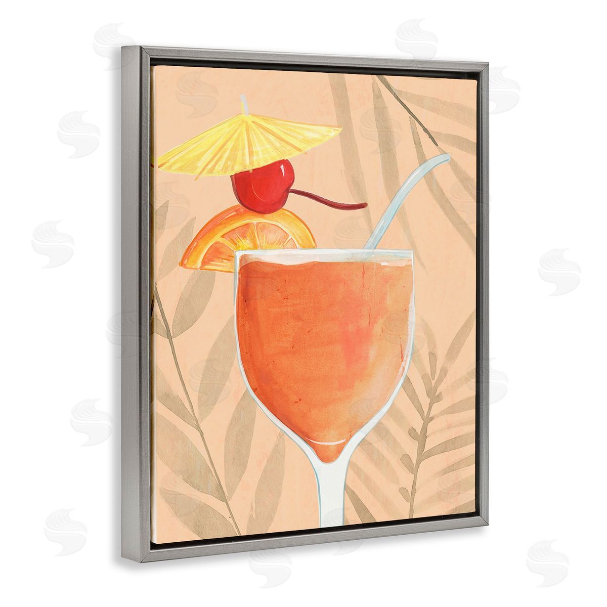 Annie Warren Tropical Cocktail with Fruit Gray Floating Frame Canvas Wall Art Print