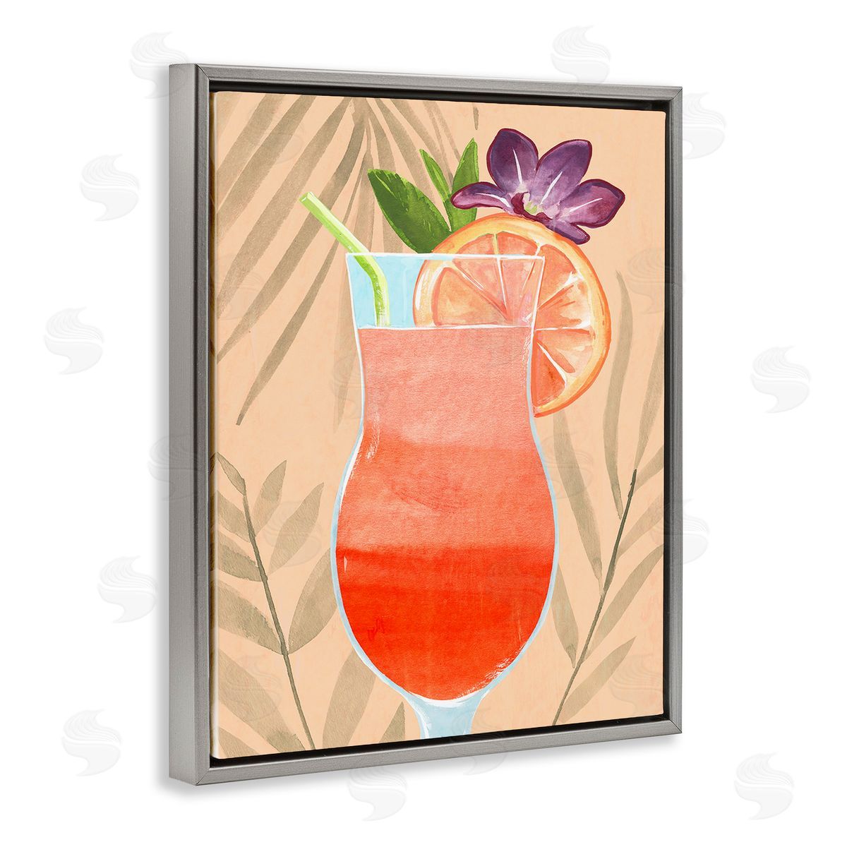 Annie Warren Plant Patterned Cocktail Gray Floating Frame Canvas Wall Art Print
