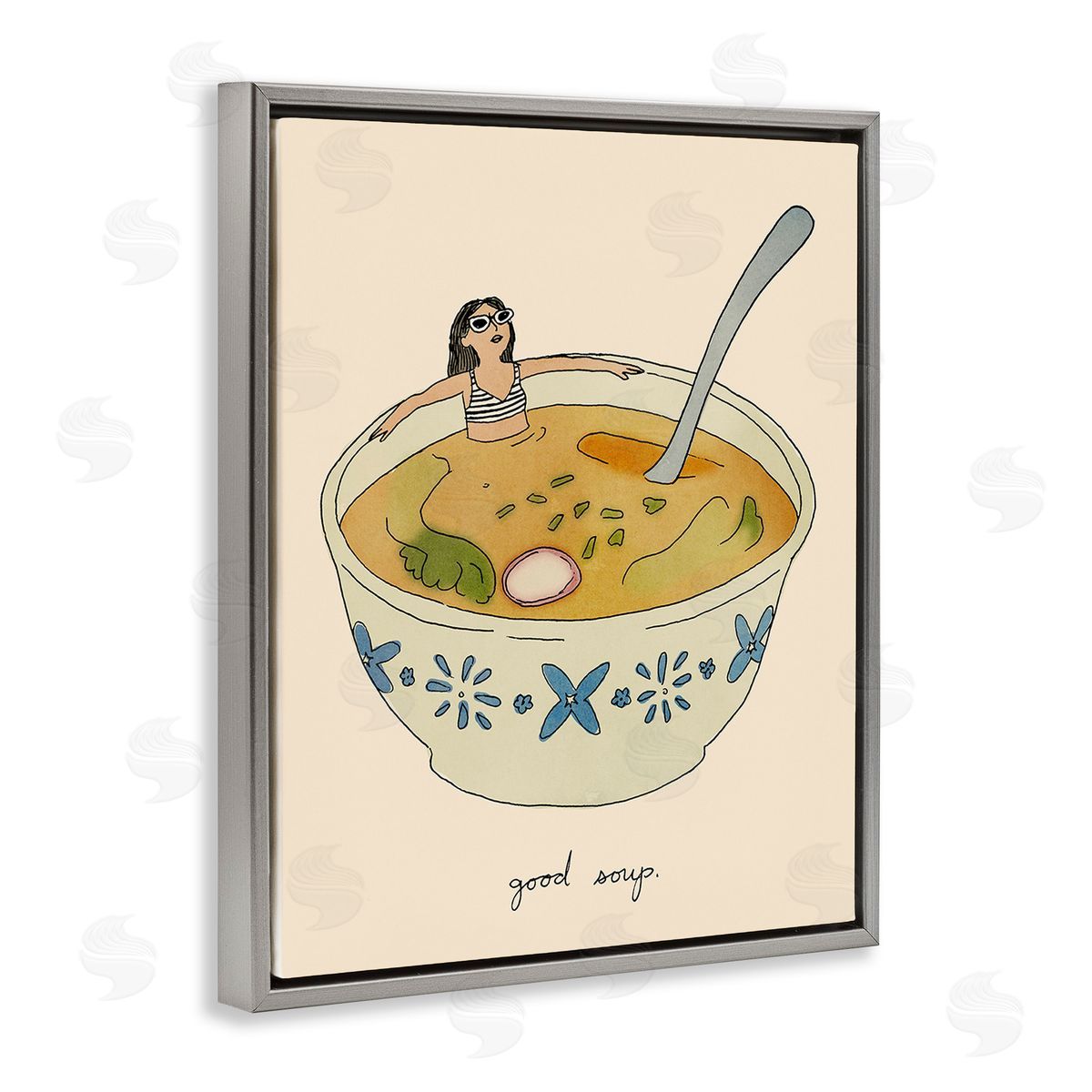 Girl Bathing in Soup Grey Floating Frame Canvas Wall Art, Home Decor by Victoria Barnes