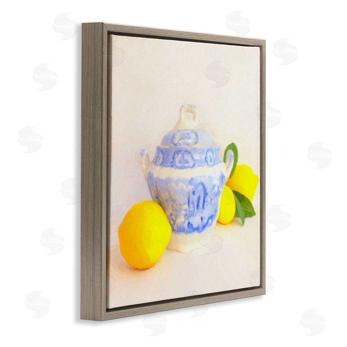Graffitee Studios Lemons & Ornate Pottery Brown Floating Frame Canvas Wall Art Print