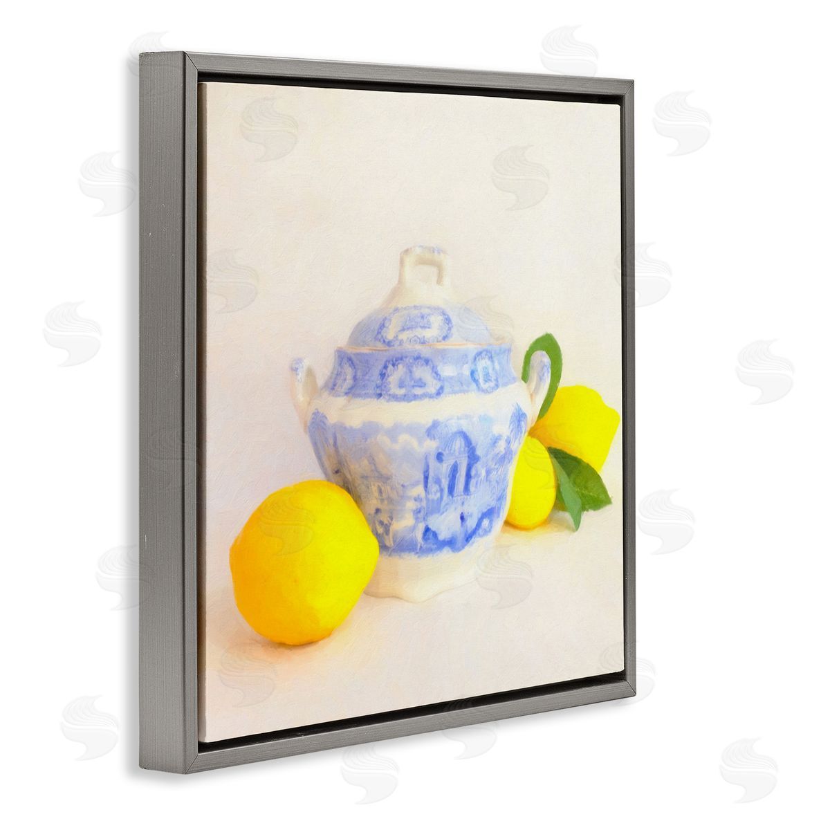 Graffitee Studios Lemons & Ornate Pottery Gray Floating Frame Canvas Wall Art Print