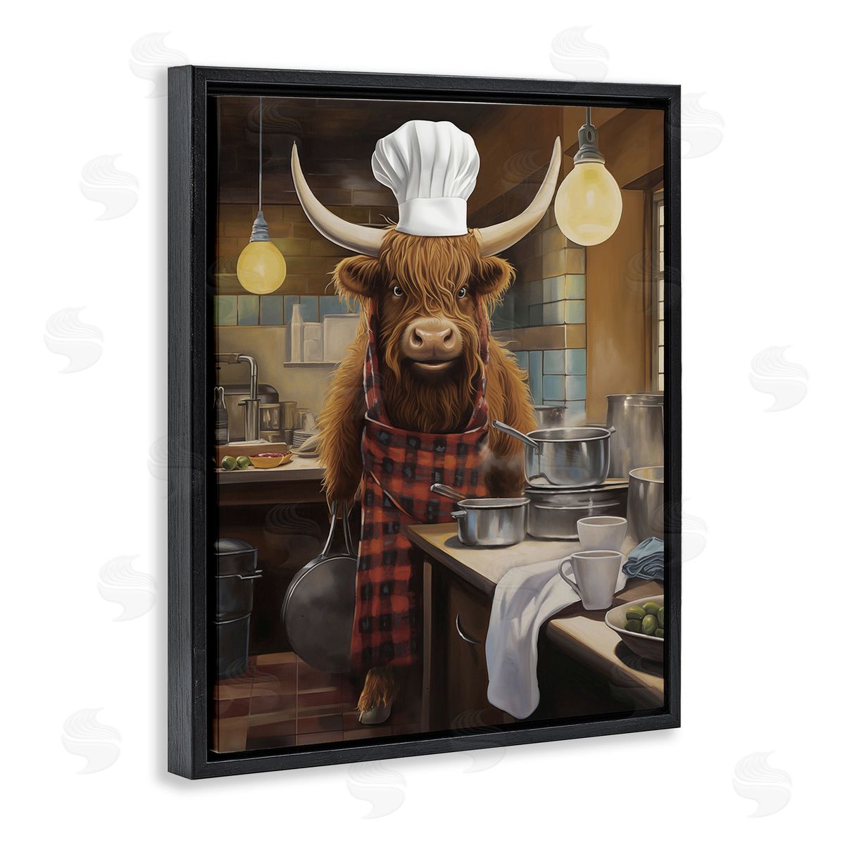 PSL Art Longhorn Chef in Kitchen Black Floating Frame Canvas Wall Art Print