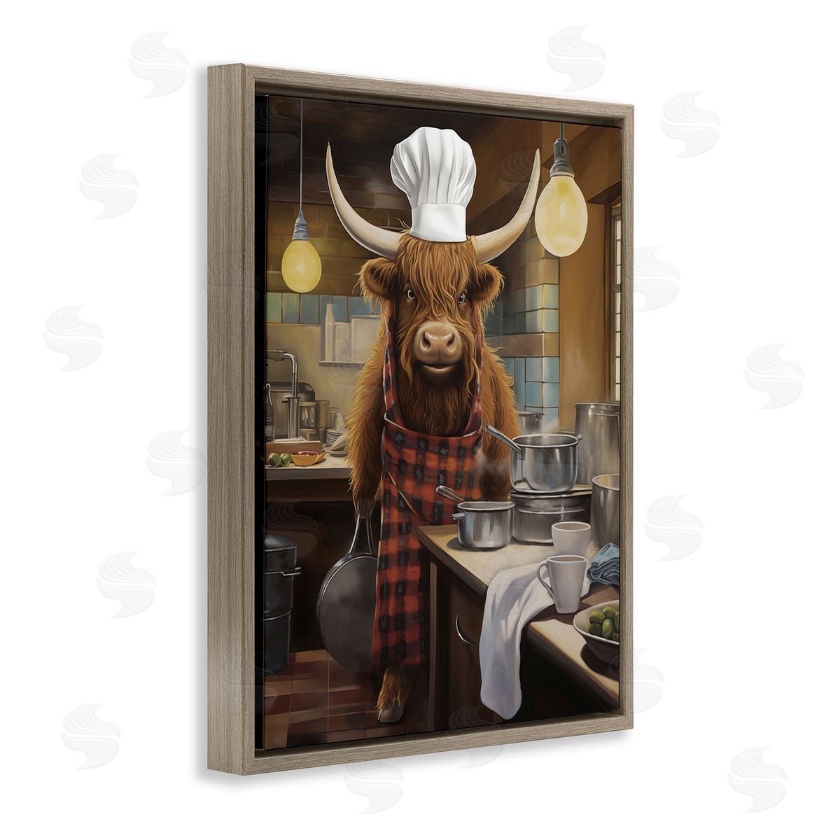 PSL Art Longhorn Chef in Kitchen Brown Floating Frame Canvas Wall Art Print