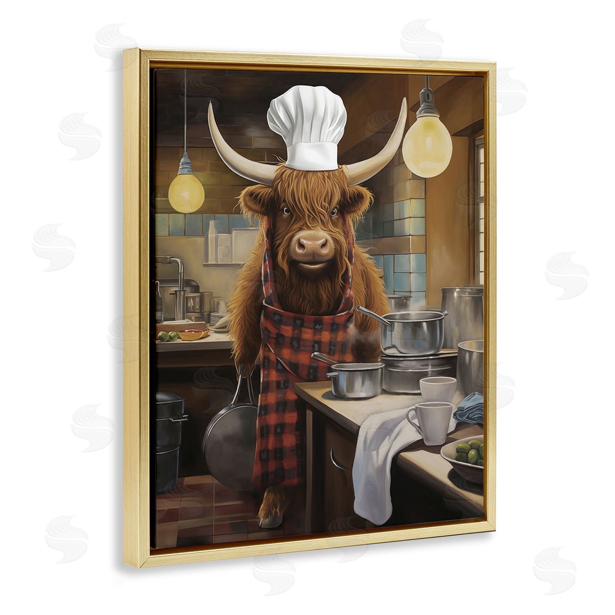 PSL Art Longhorn Chef in Kitchen Gold Floating Frame Canvas Wall Art Print