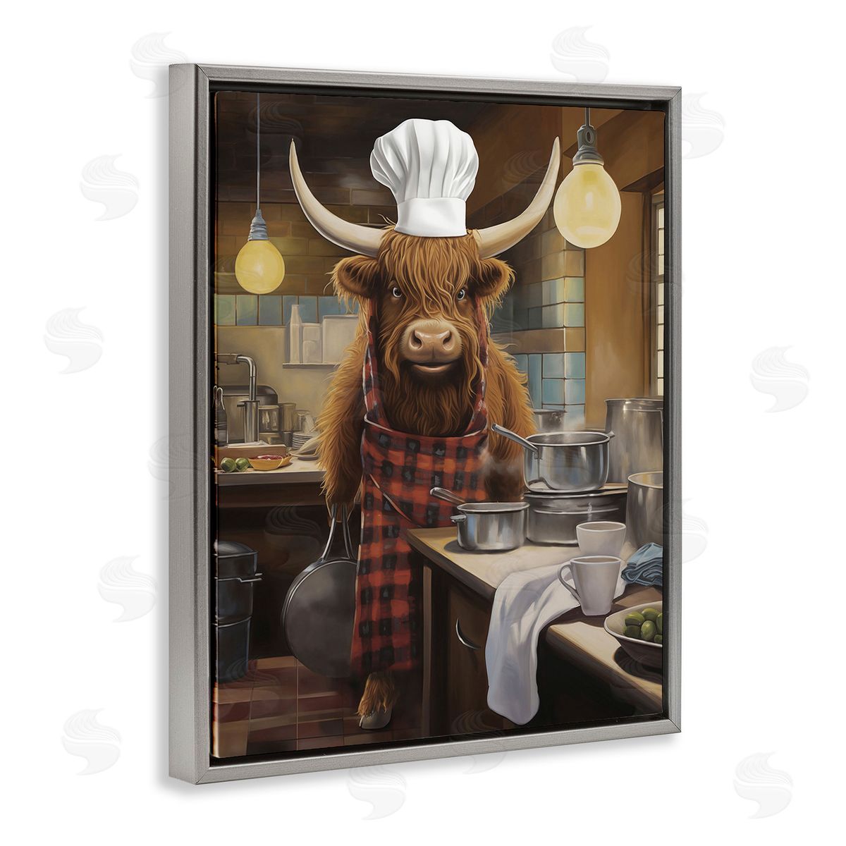 PSL Art Longhorn Chef in Kitchen Gray Floating Frame Canvas Wall Art Print