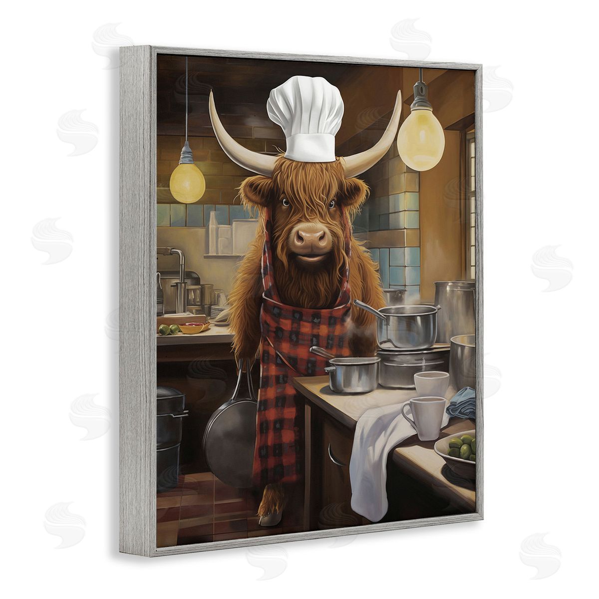PSL Art Longhorn Chef in Kitchen Gray Framed Giclee Wall Art Print