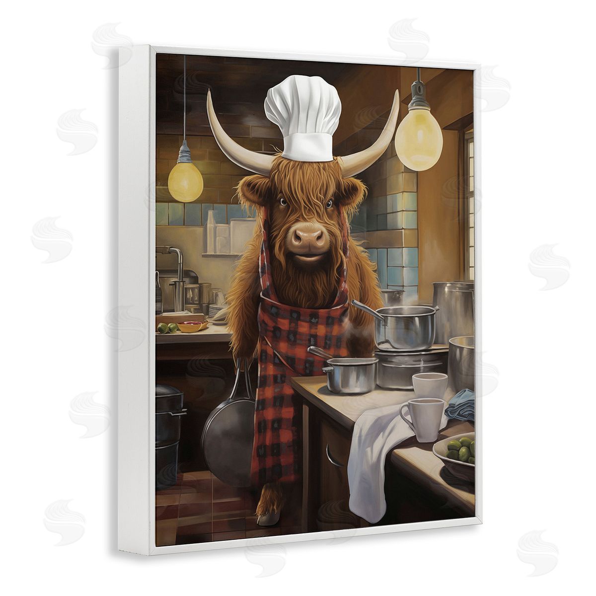 PSL Art Longhorn Chef in Kitchen White Framed Giclee Wall Art Print