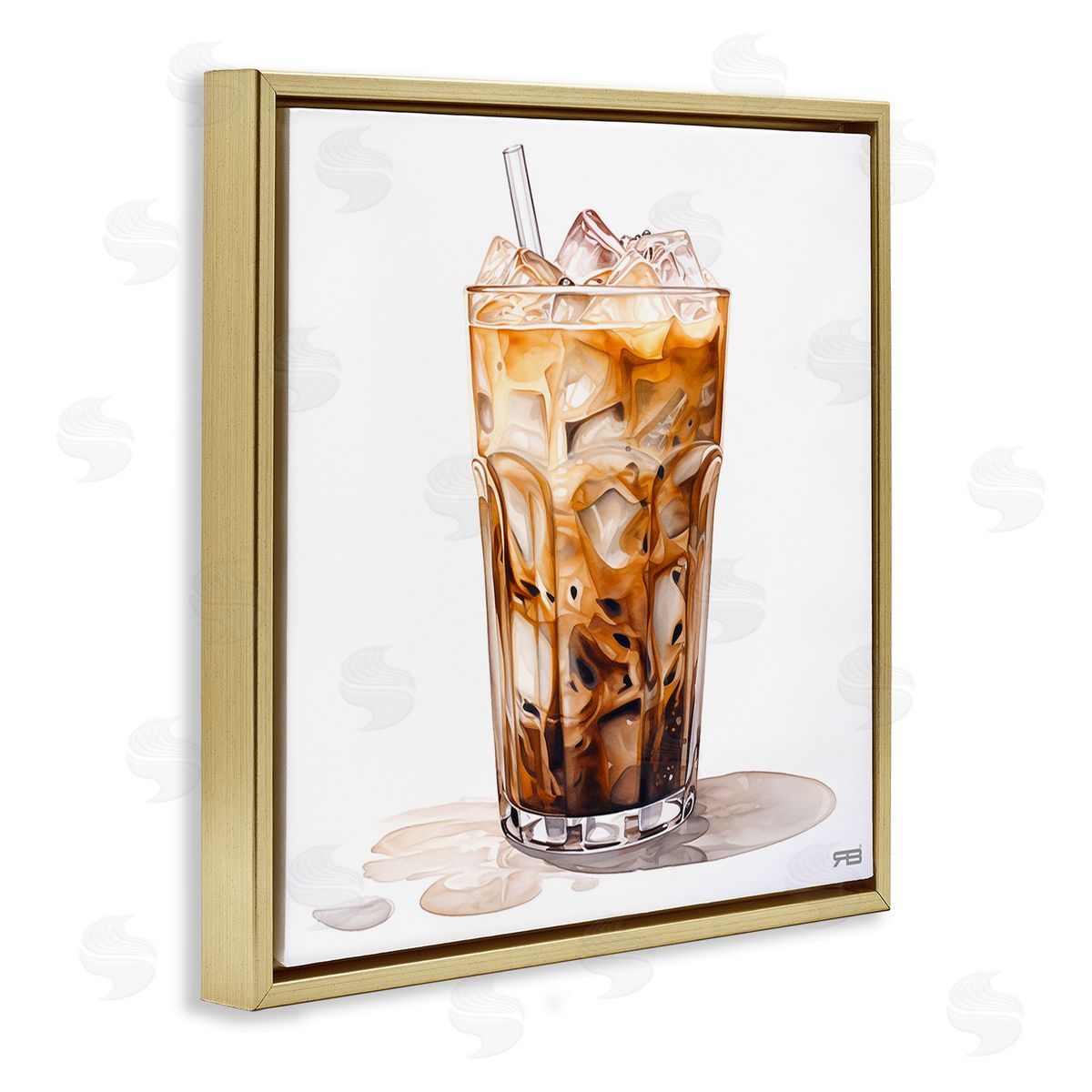 RB Coffee with Swirled Milk Gold Floating Frame Canvas Wall Art Print
