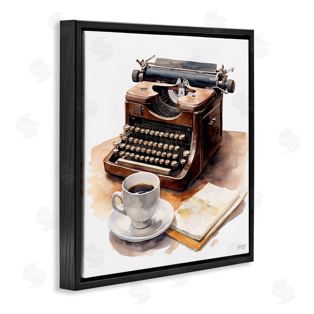 RB Typewriter with Coffee Mug Black Floating Frame Canvas Wall Art Print