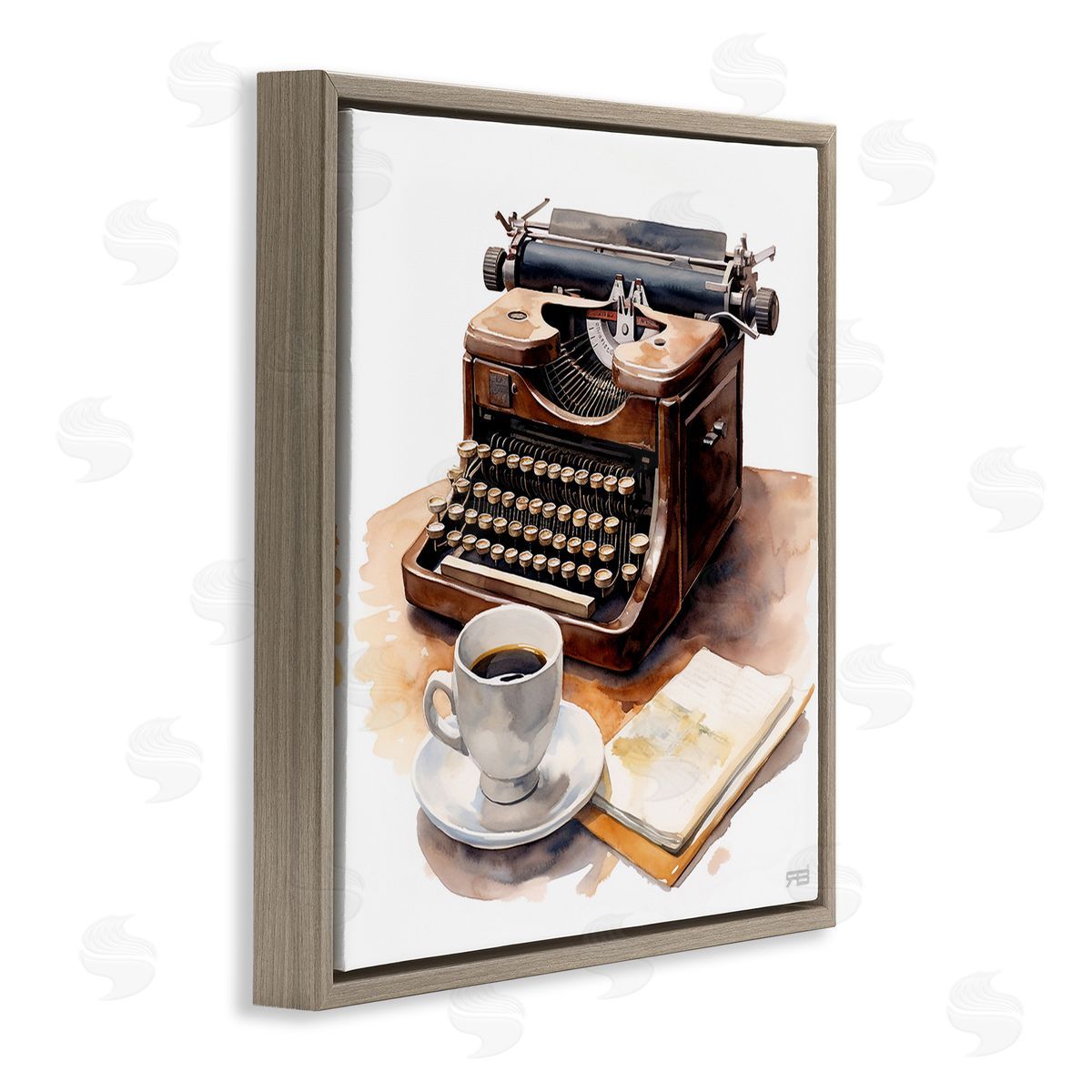 RB Typewriter with Coffee Mug Brown Floating Frame Canvas Wall Art Print