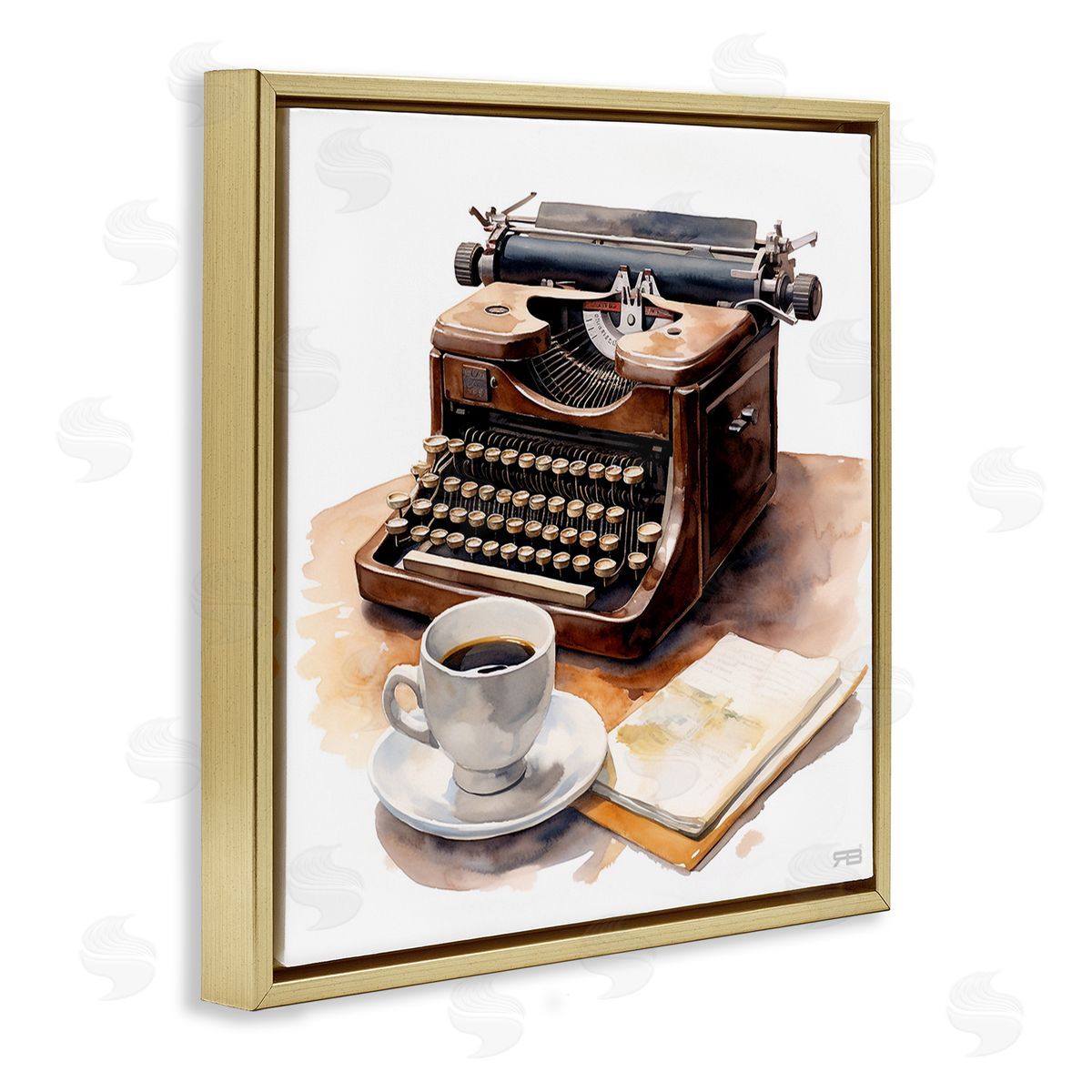 RB Typewriter with Coffee Mug Gold Floating Frame Canvas Wall Art Print