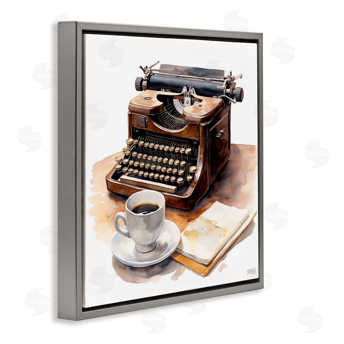 RB Typewriter with Coffee Mug Gray Floating Frame Canvas Wall Art Print