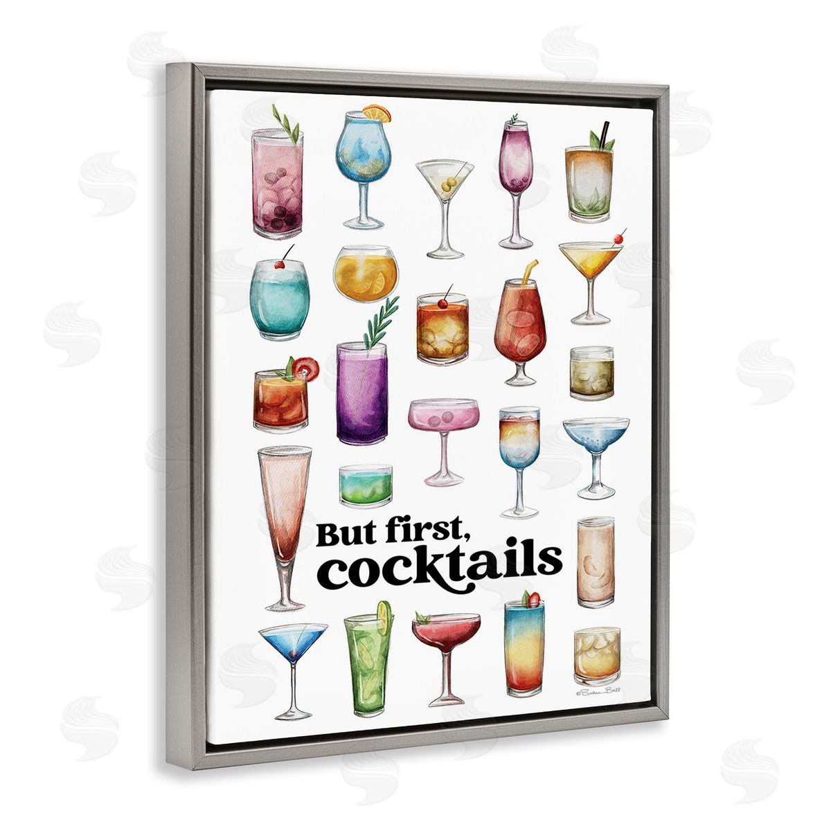 Susan Ball But First Cocktails Gray Floating Frame Canvas Wall Art Print