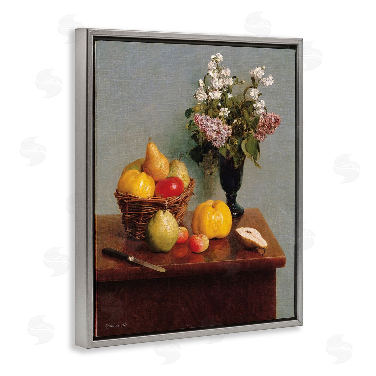 Stellar Design Studio Fruit & Flowers Still Life Gray Floating Frame Canvas Wall Art Print