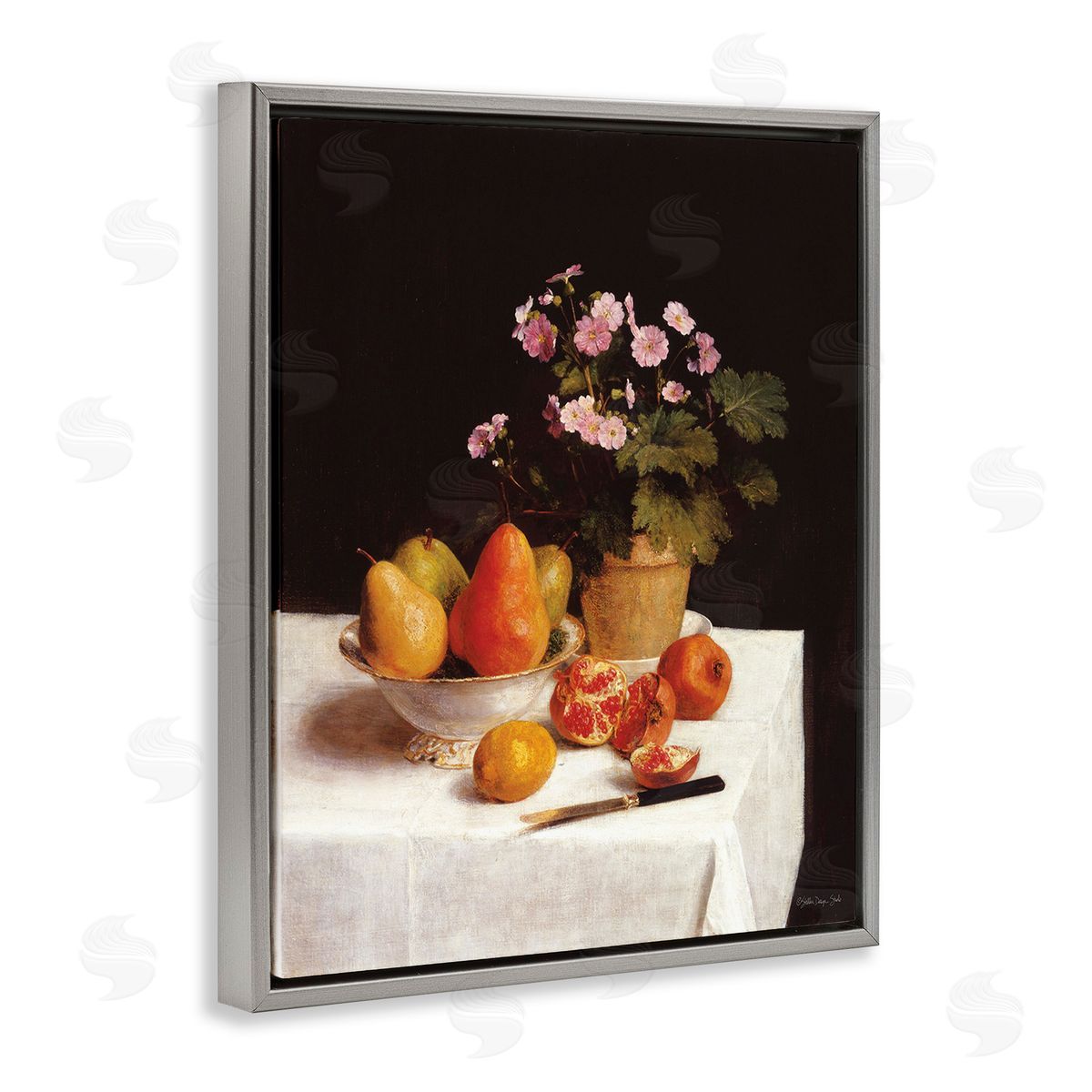 Stellar Design Studio Fruit & Bouquet Still Life Gray Floating Frame Canvas Wall Art Print
