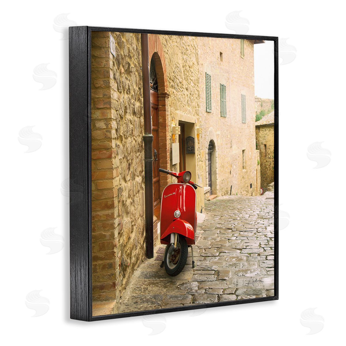Aledanda Red Moped in City Black Framed Giclee Wall Art Print