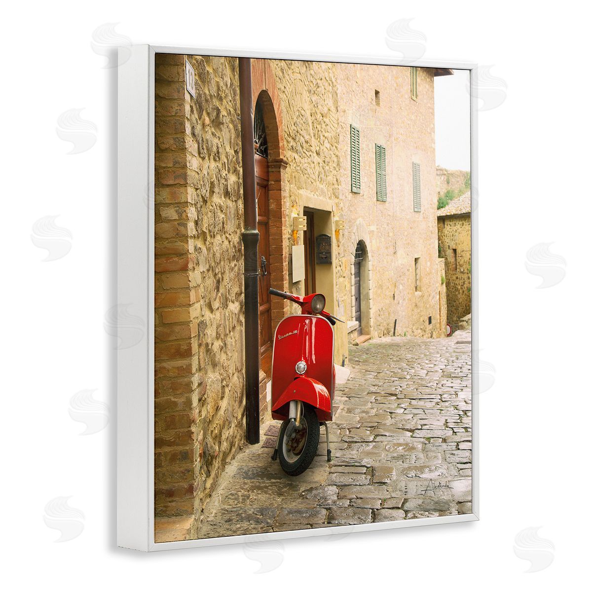 Aledanda Red Moped in City White Framed Giclee Wall Art Print