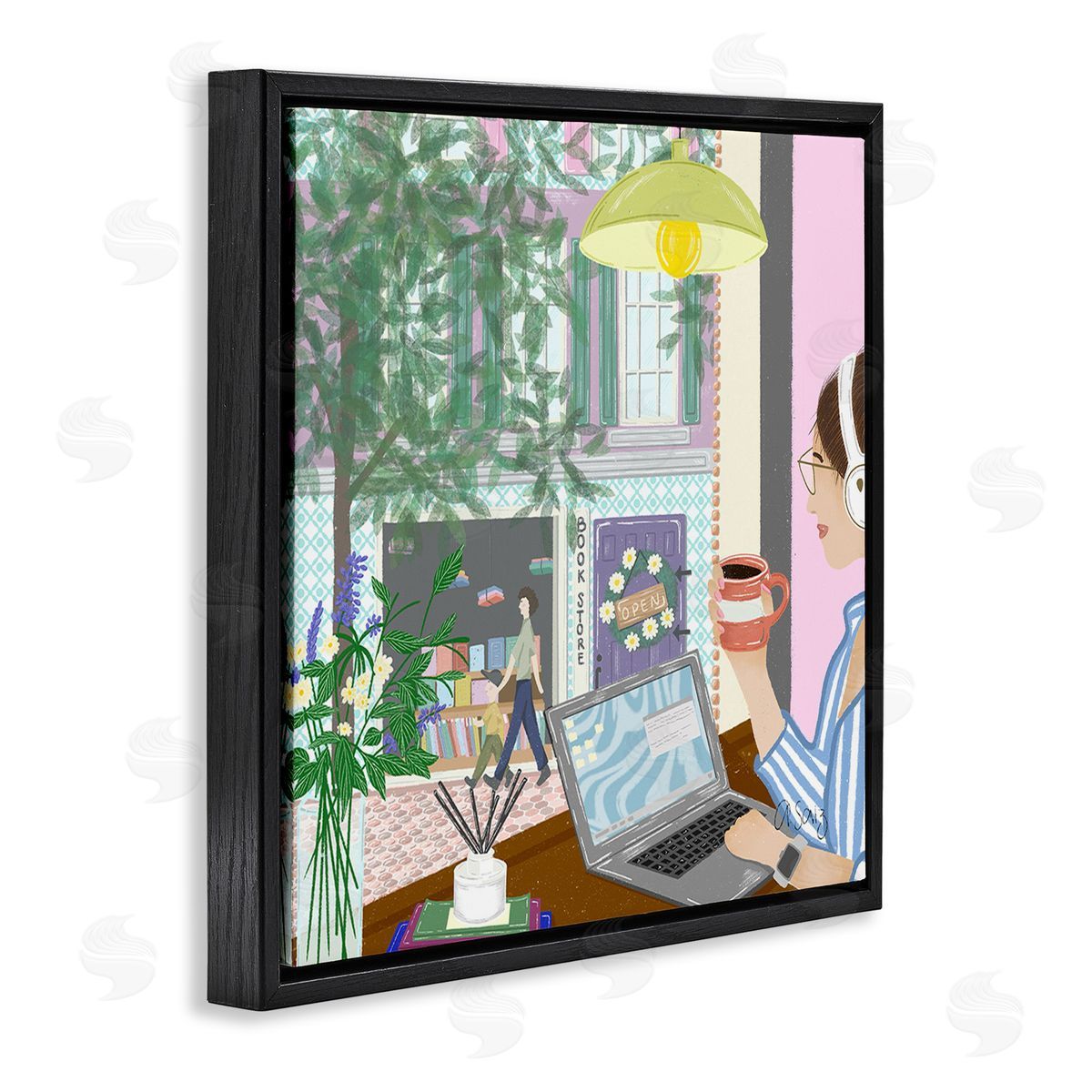 Ale Saiz Studio Relaxing Cafe in City Black Floating Frame Canvas Wall Art Print