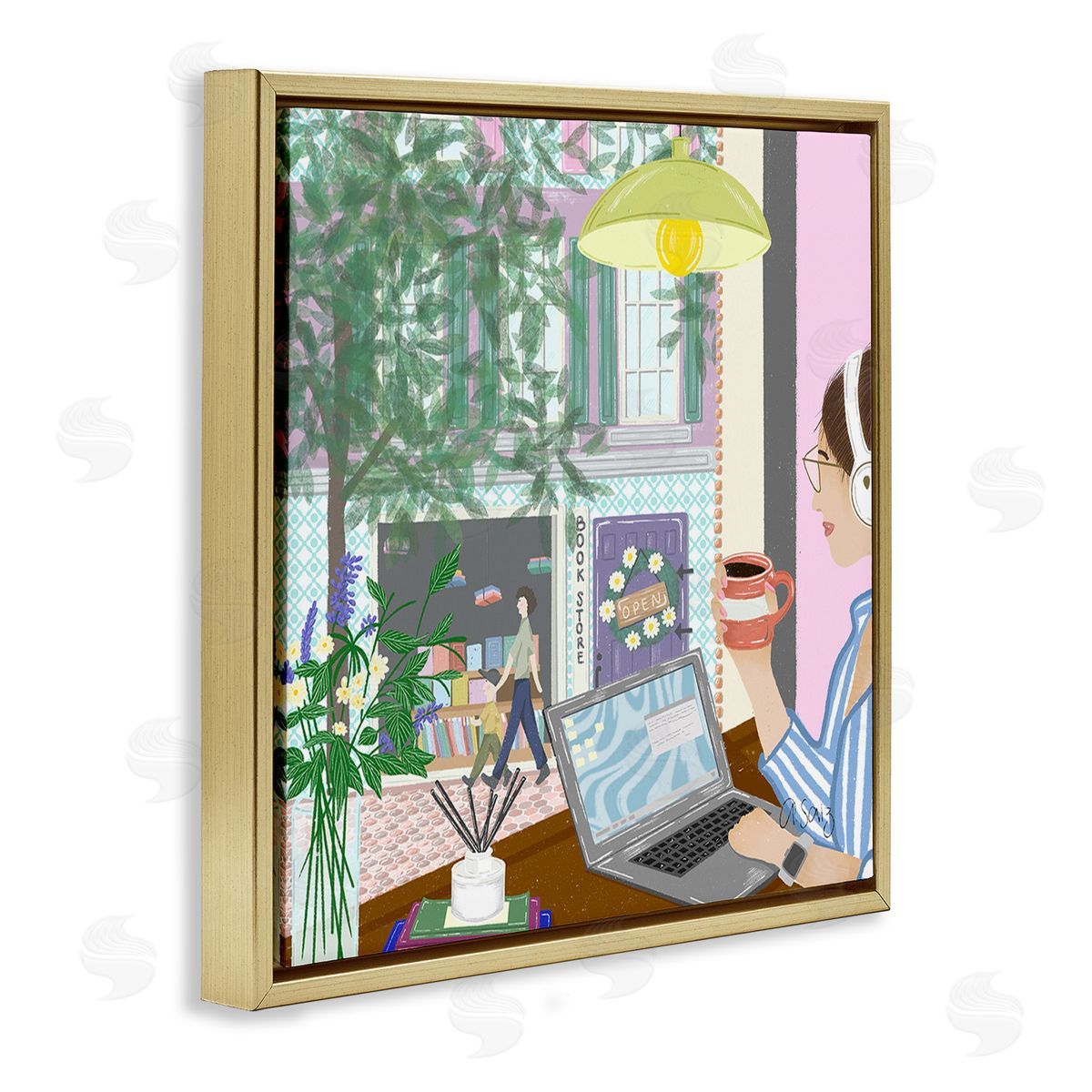 Ale Saiz Studio Relaxing Cafe in City Gold Floating Frame Canvas Wall Art Print