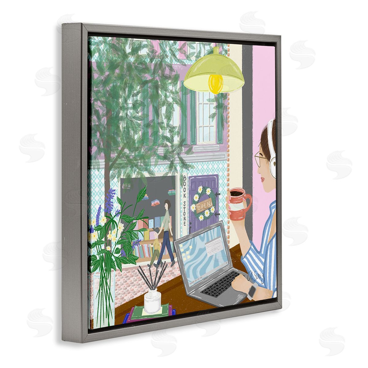 Ale Saiz Studio Relaxing Cafe in City Gray Floating Frame Canvas Wall Art Print