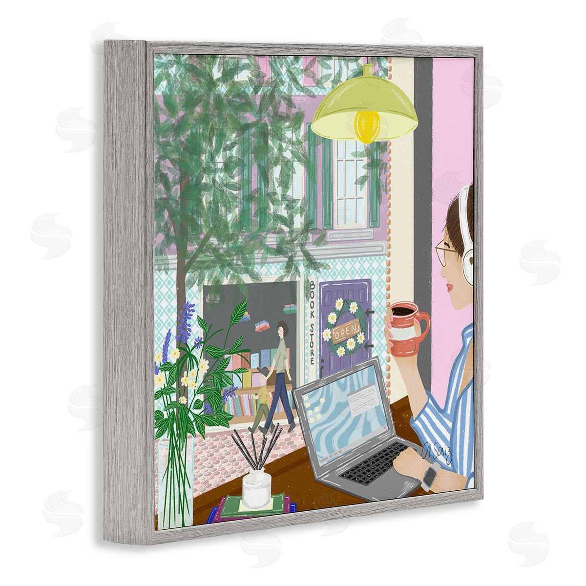 Ale Saiz Studio Relaxing Cafe in City Gray Framed Giclee Wall Art Print