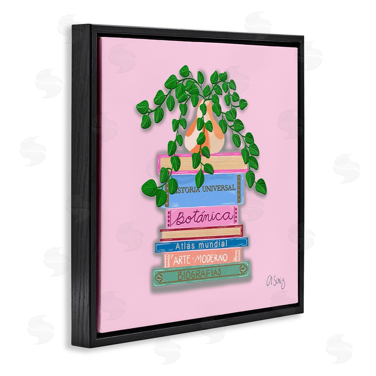 Ale Saiz Studio Bookstack with Plant Vase Black Floating Frame Canvas Wall Art Print